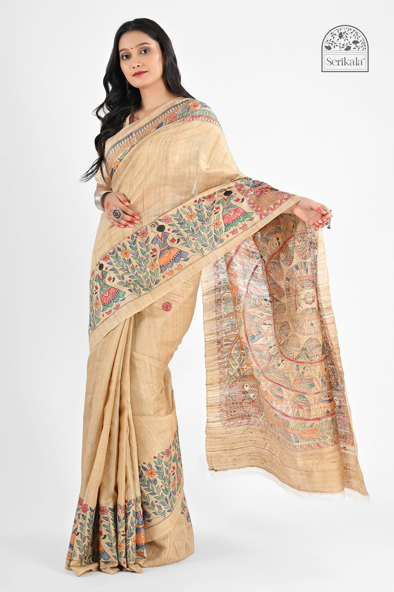 Exquisite Beige Desi Tussar Silk Saree with Hand-Painted Madhubani Art | Authentic Handloom - Serikala
