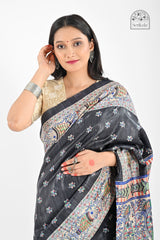Black Ghicha Silk Saree with Madhubani Art Screen Print | Handloom Ethnic Wear