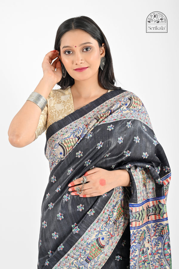 Black Ghicha Silk Saree with Madhubani Art Screen Print | Handloom Ethnic Wear
