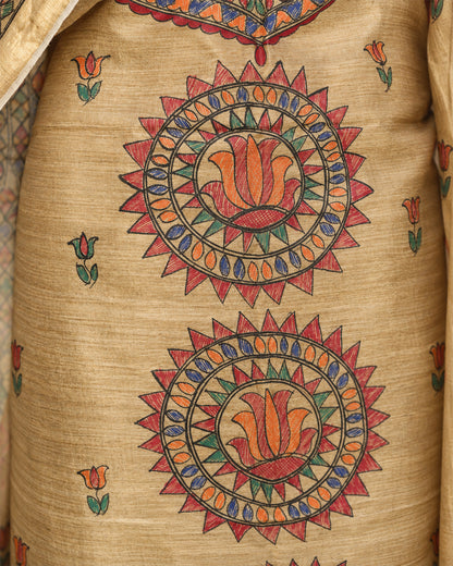 TUSSAR SILK MADHUBANI PAINTED SUIT SET (UNSTITCHED)