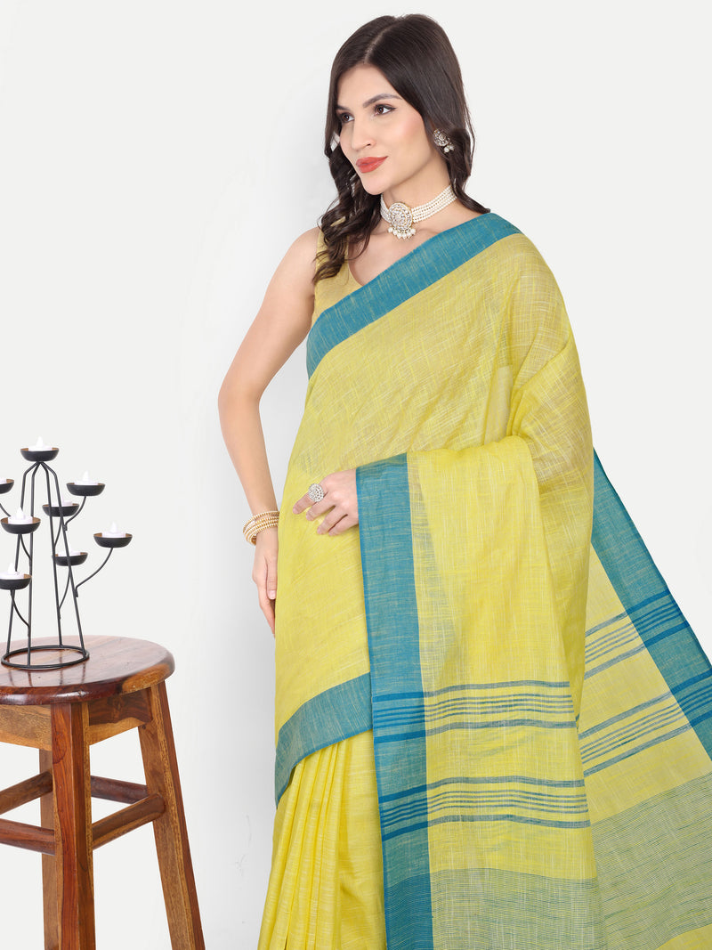 Vibrant Yellow & Blue Striped Cotton Saree