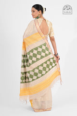 Exquisite Off-White Muga Silk Saree with Geometric Weave | Handloom Indian Saree