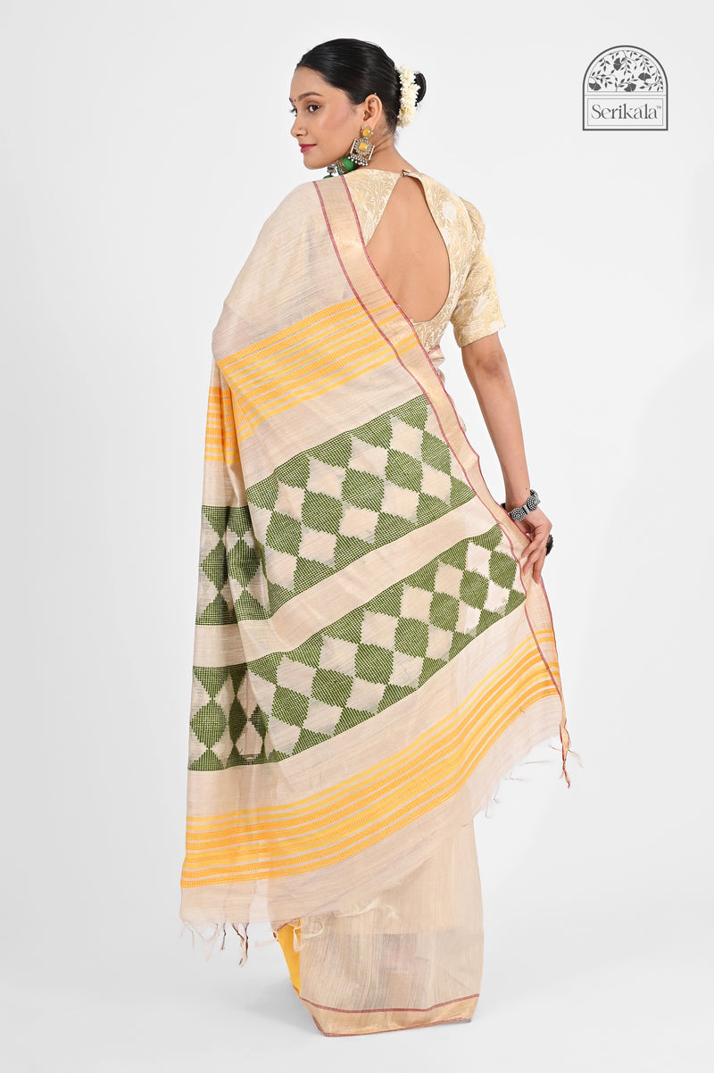 Exquisite Off-White Muga Silk Saree with Geometric Weave | Handloom Indian Saree