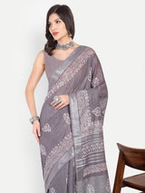 Elegant Grey Block Print Cotton Saree