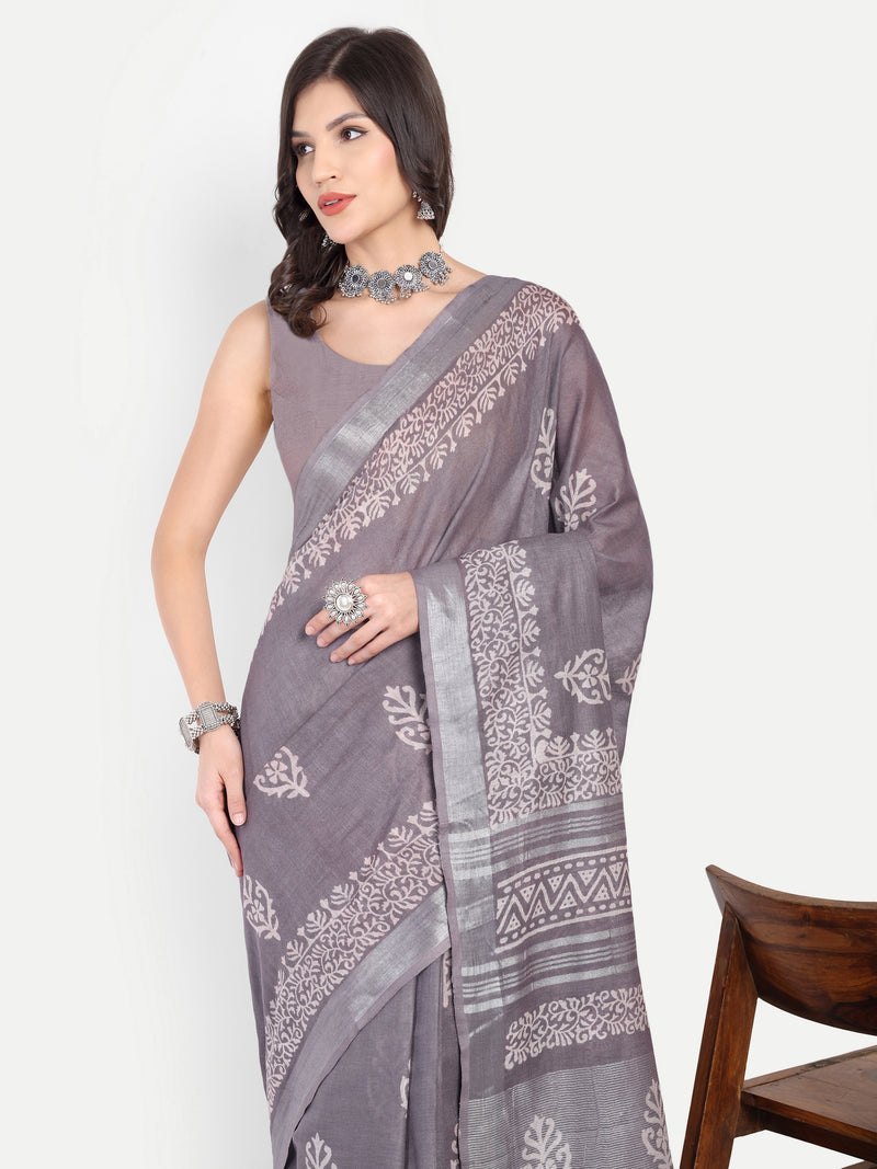 Elegant Grey Block Print Cotton Saree