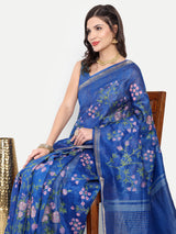 Exquisite Royal Blue Linen Saree with Pink Floral Embroidery