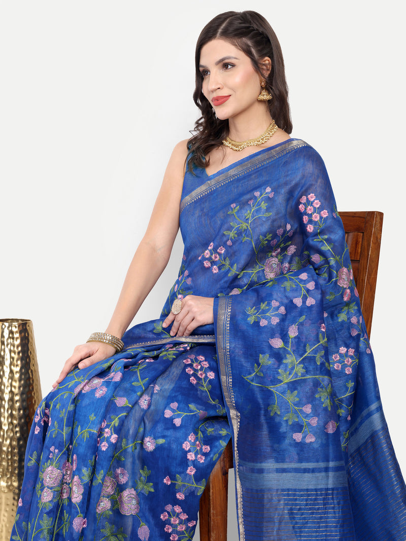 Exquisite Royal Blue Linen Saree with Pink Floral Embroidery