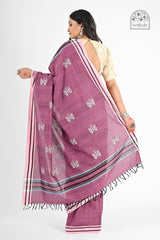 Stylish Plum Pink Pure Cotton Saree with Bawan Buta Work | Handloom Daily Wear - Serikala