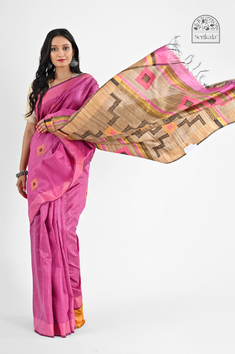 Vibrant Pink Dupion Silk Saree with Geometric Katia Pallu | Handloom Elegance - Serikala