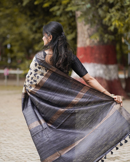 BEIGE BLACK GHICHA SILK SAREE
