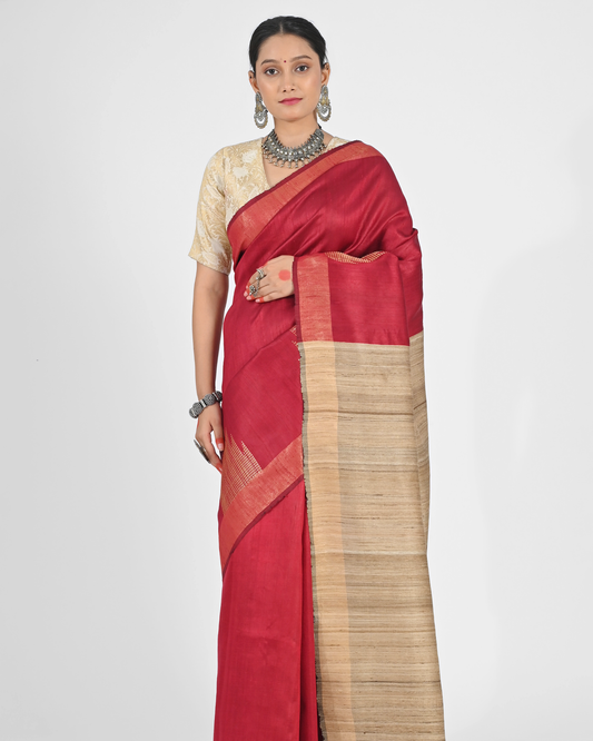 RED DUPION SILK SAREE WITH BEIGE PALLU