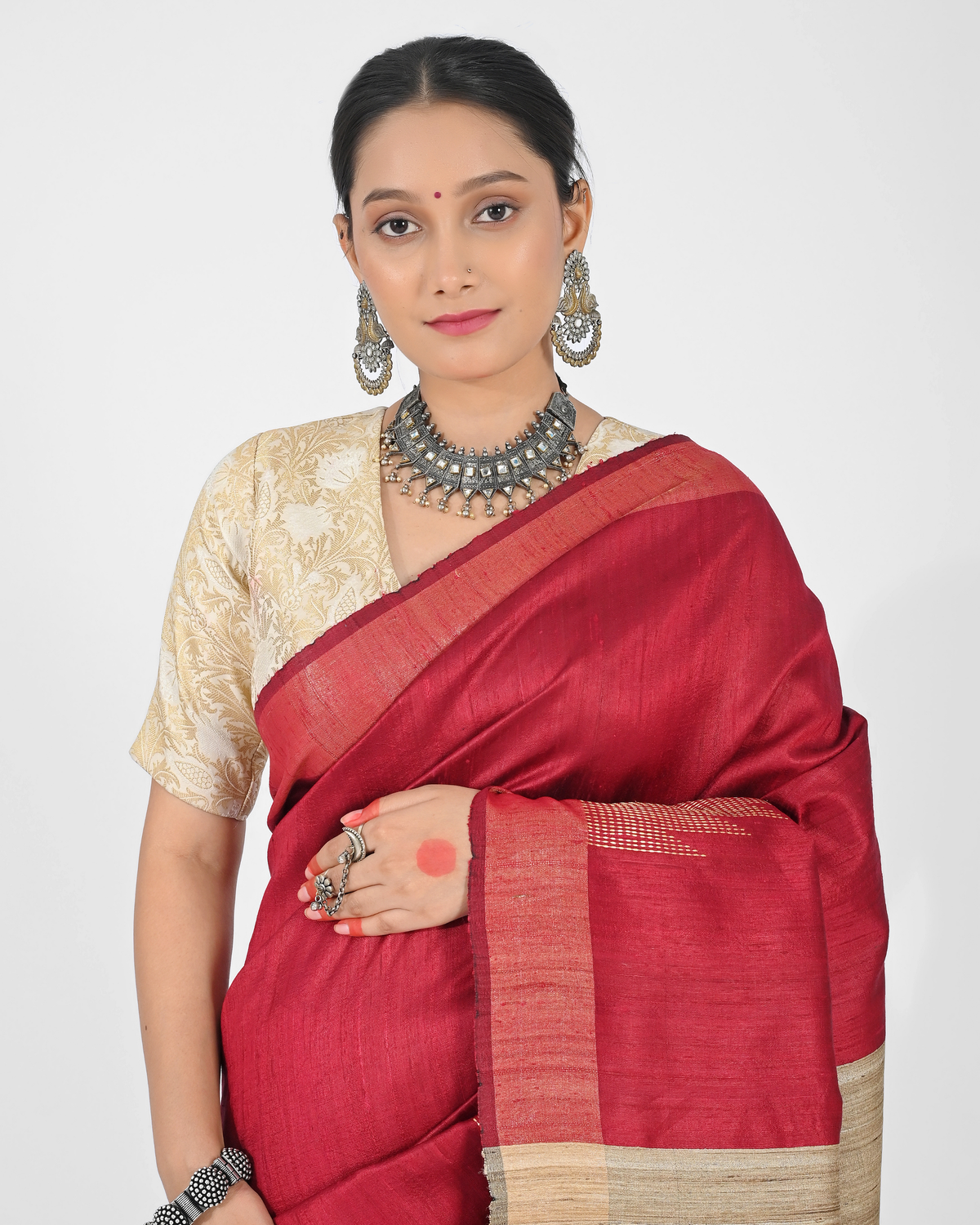 RED DUPION SILK SAREE WITH BEIGE PALLU