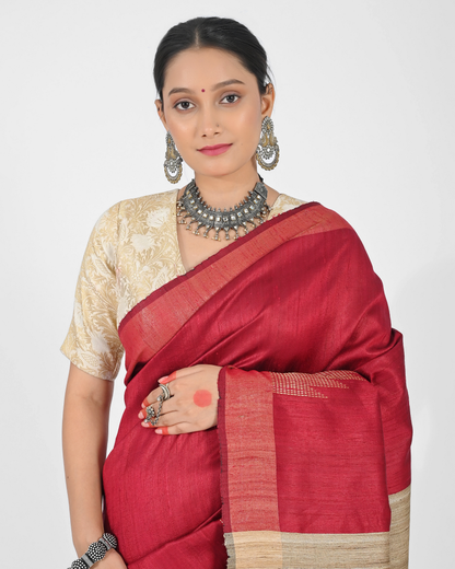 RED DUPION SILK SAREE WITH BEIGE PALLU