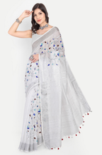 SILVER MIST GREY EMBROIDERED LINEN SAREE