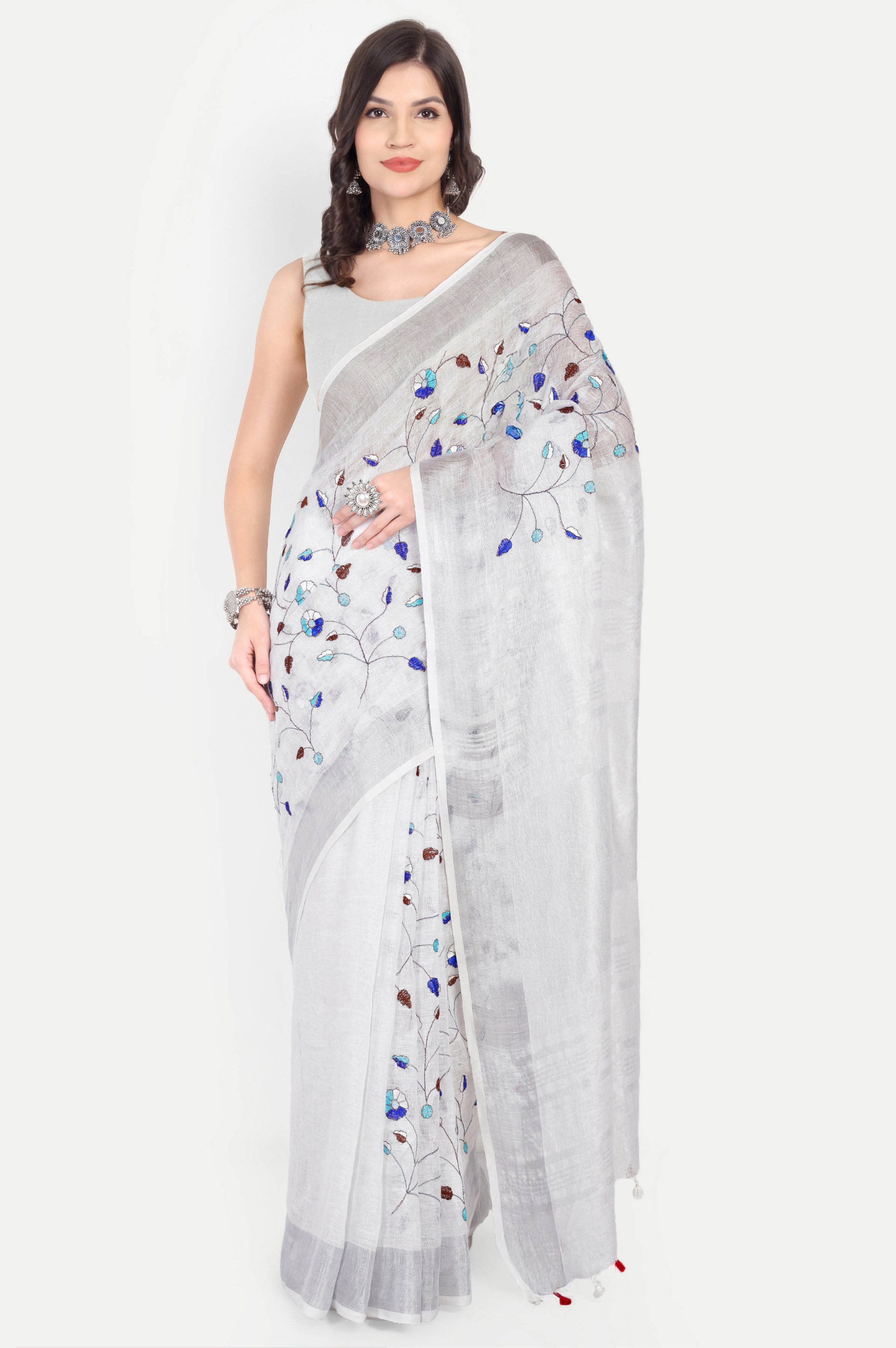 SILVER MIST GREY EMBROIDERED LINEN SAREE