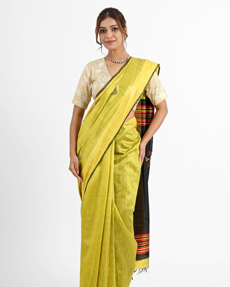 YELLOW DUPION SILK SAREE WITH BLACK PALLU