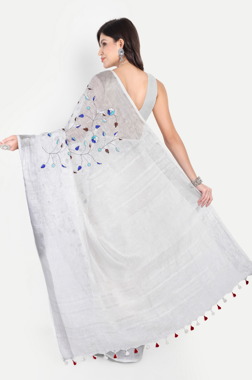 SILVER MIST GREY EMBROIDERED LINEN SAREE