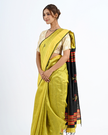 YELLOW DUPION SILK SAREE WITH BLACK PALLU