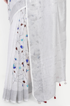 SILVER MIST GREY EMBROIDERED LINEN SAREE