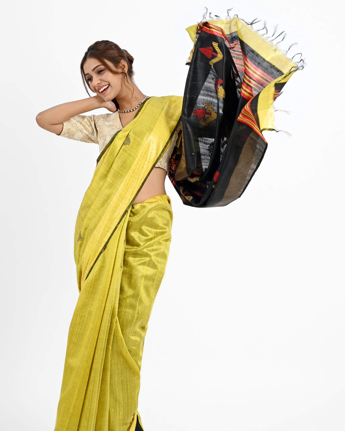 YELLOW DUPION SILK SAREE WITH BLACK PALLU