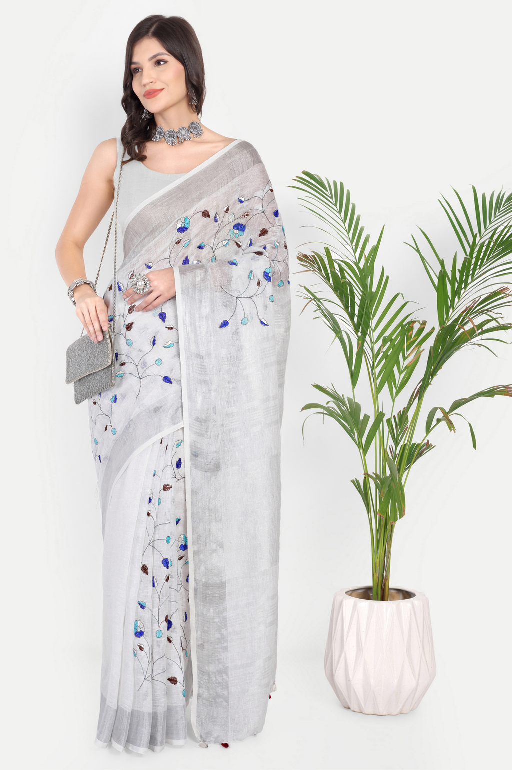 SILVER MIST GREY EMBROIDERED LINEN SAREE