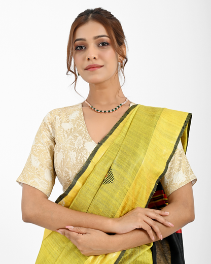 YELLOW DUPION SILK SAREE WITH BLACK PALLU