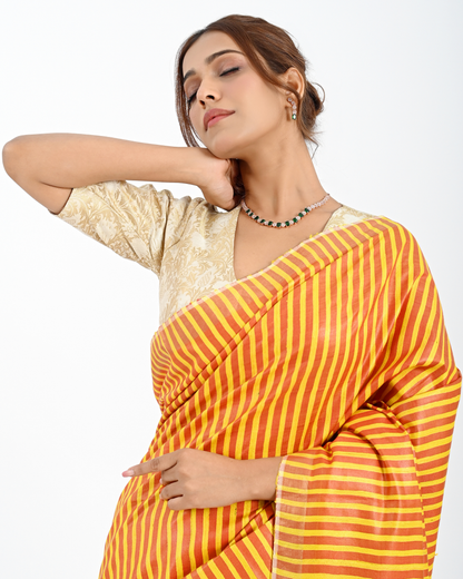 YELLOW ERI SILK SAREE WITH STRIPED PALLU