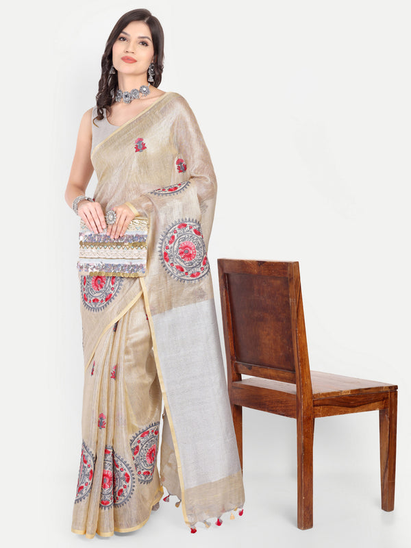 Elegant Beige & Silver Zari Linen Saree with Mandala Embroidery