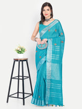Vibrant Turquoise Blue Linen Saree with Floral Embroidery