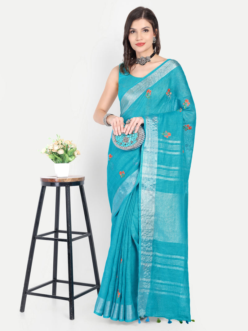 Vibrant Turquoise Blue Linen Saree with Floral Embroidery