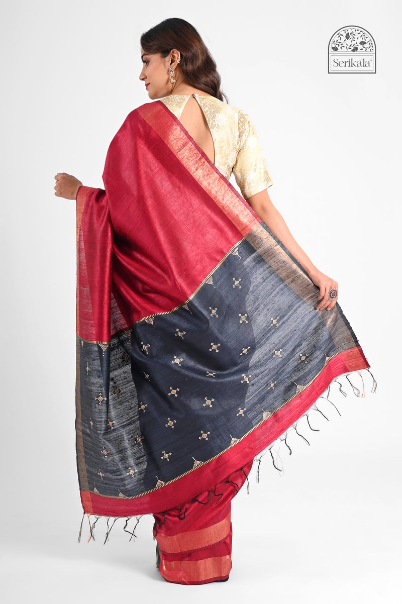 Elegant Maroon & Black Dupion Silk Saree with Zari Border & Woven Pallu