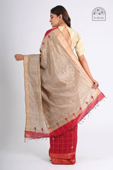 Red Dupion Silk Saree with Golden Check & Tussar Pallu