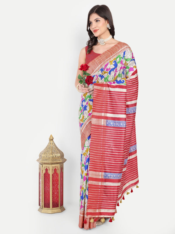 Artistic Hand-Painted Ghicha Silk Saree with Striped Pallu