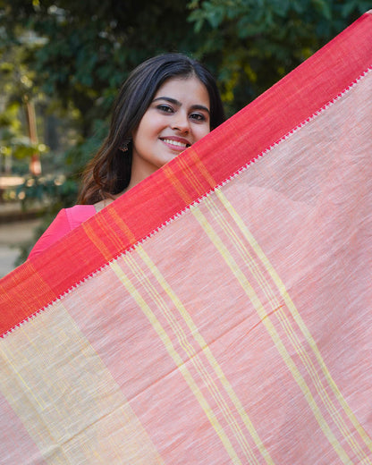 PEACH & RED COTTON SLUB SAREE