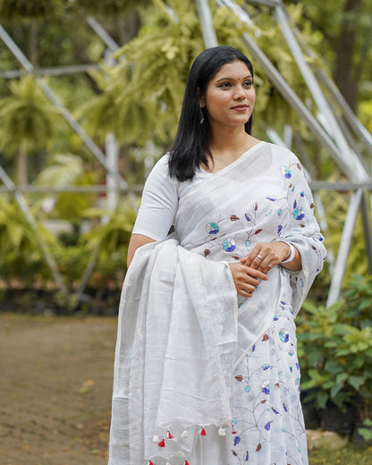 SILVER MIST GREY EMBROIDERED LINEN SAREE