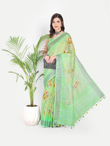 Fresh Lime Green Floral Digital Print Linen Saree