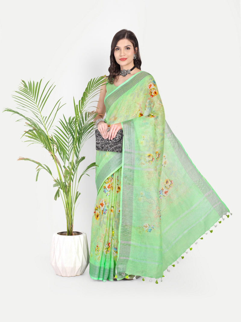 Fresh Lime Green Floral Digital Print Linen Saree