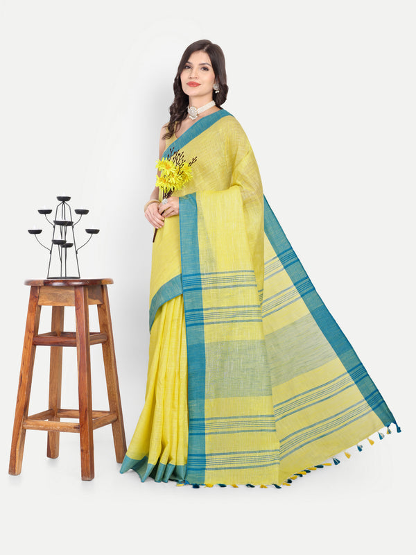 Vibrant Yellow & Blue Striped Cotton Saree