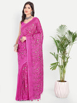 Exquisite Rani Pink Linen Saree with Floral Jaal Embroidery