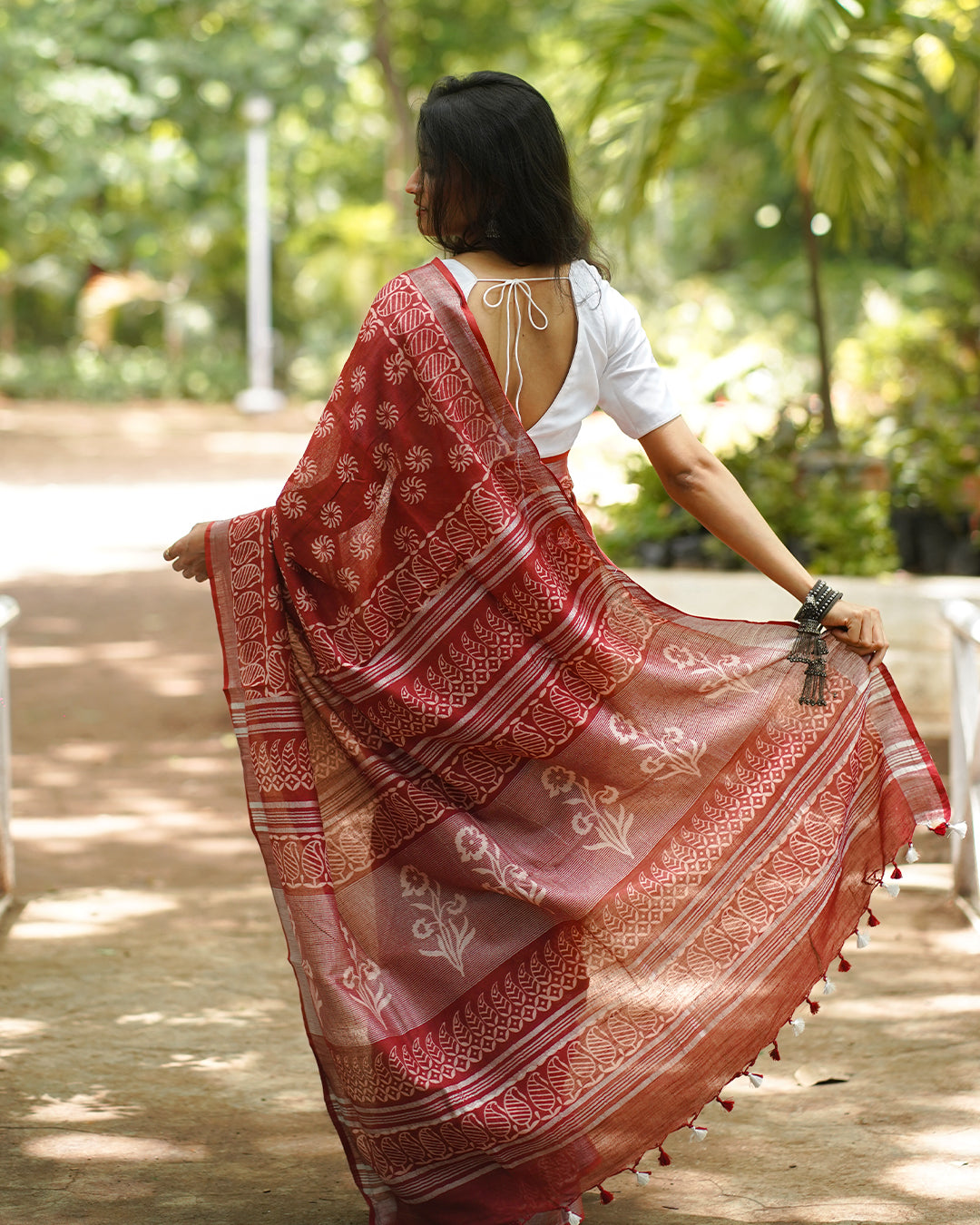 MAROON BLOCK PRINT COTTON SAREE