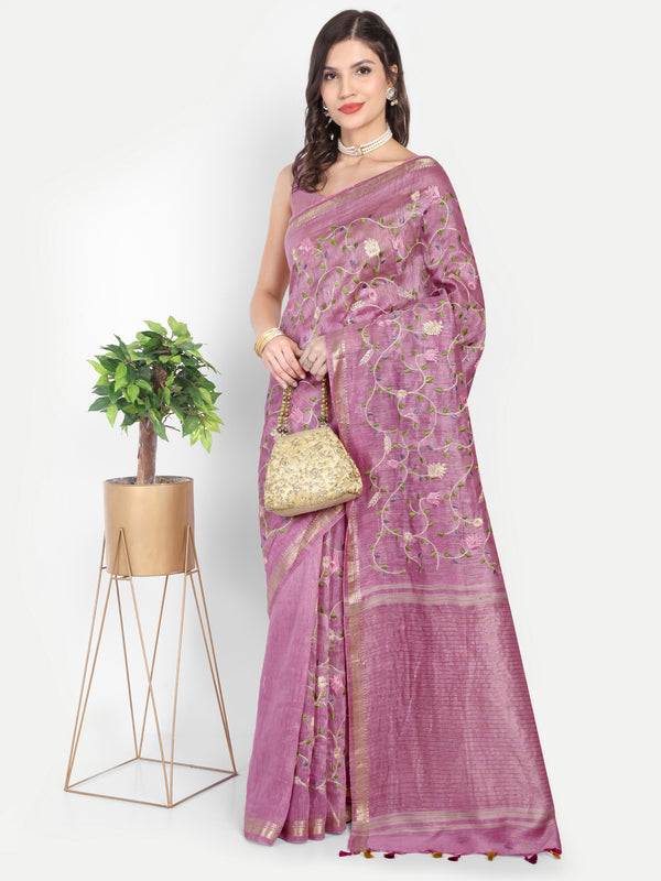 Elegant Dusty Pink Linen Saree with Floral Jaal Embroidery