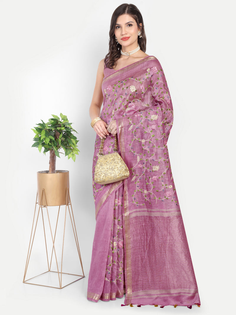 Elegant Dusty Pink Linen Saree with Floral Jaal Embroidery