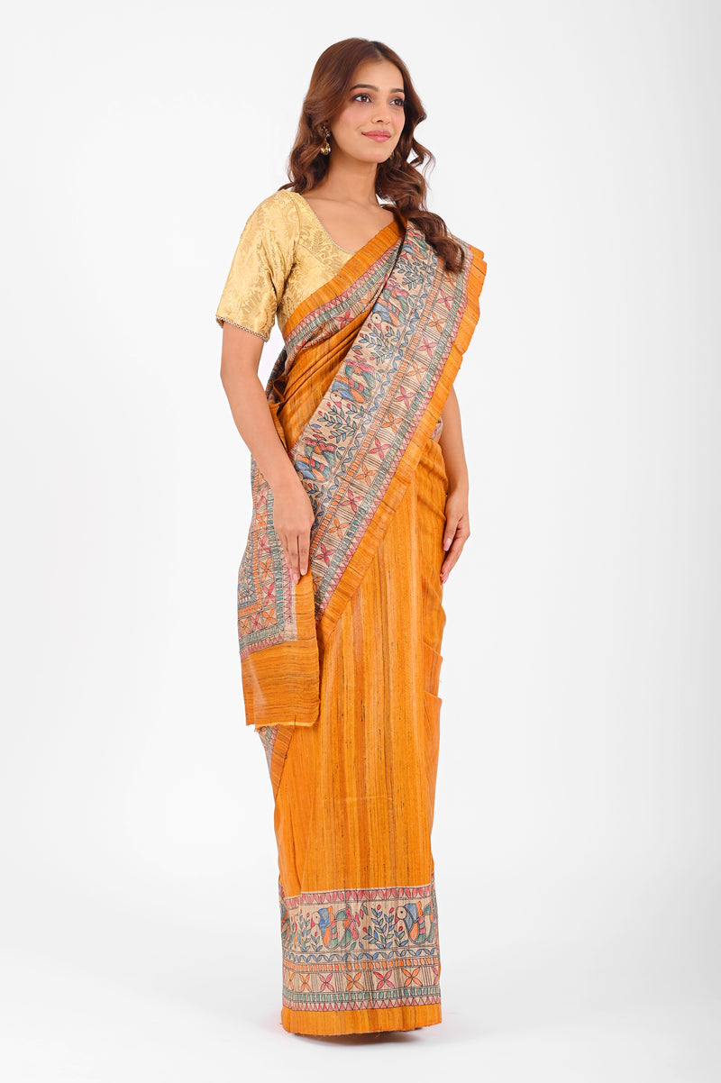 Artistic Mustard Ghicha Silk Saree with Hand-Painted Madhubani Art