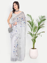 Elegant White & Grey Linen Saree with Embroidery