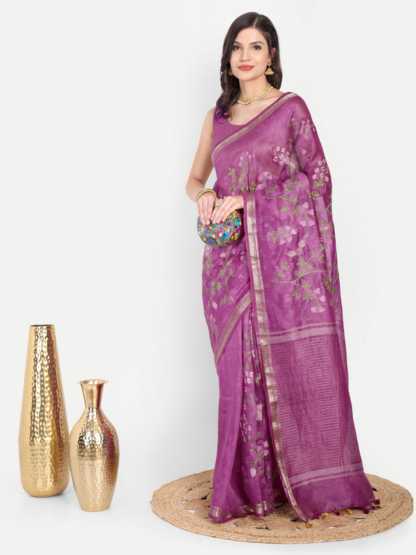 Regal Orchid Purple Linen Saree with Floral Embroidery
