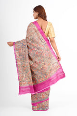 Gorgeous Pink Ghicha Silk Saree with Hand - painted Madhubani Art