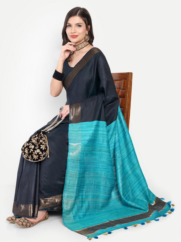 Elegant Charcoal Grey & Turquoise Blue Silk Saree