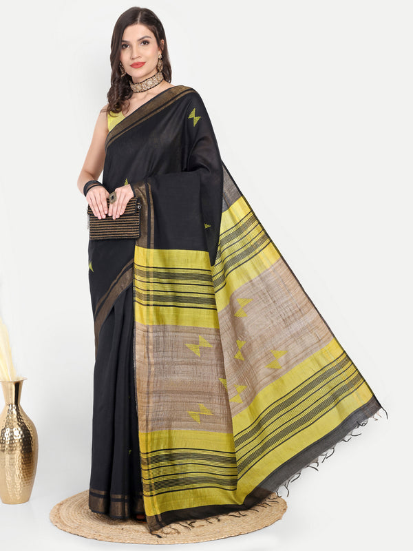 Contemporary Black & Yellow Eri Silk Saree with Woven Motifs