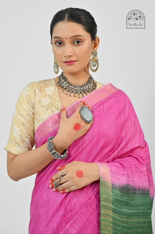 Vibrant Pink & Green Ghicha Silk Saree | Handloom Traditional Saree