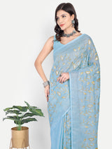 Serene Sky Blue Linen Saree with Golden Floral Embroidery